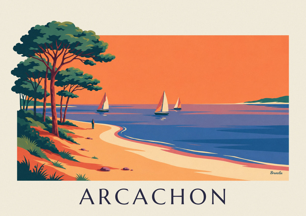 Poster Bassin d'Arcachon im Abendrot, Segelboote und Pinien