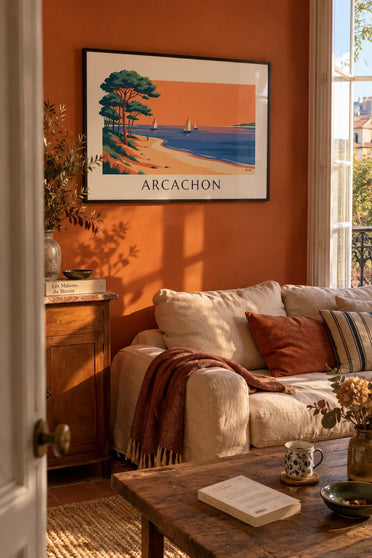 Poster Bassin d'Arcachon im Sonnenuntergang, Segelboote und Pinien: gerahmt an der Wand