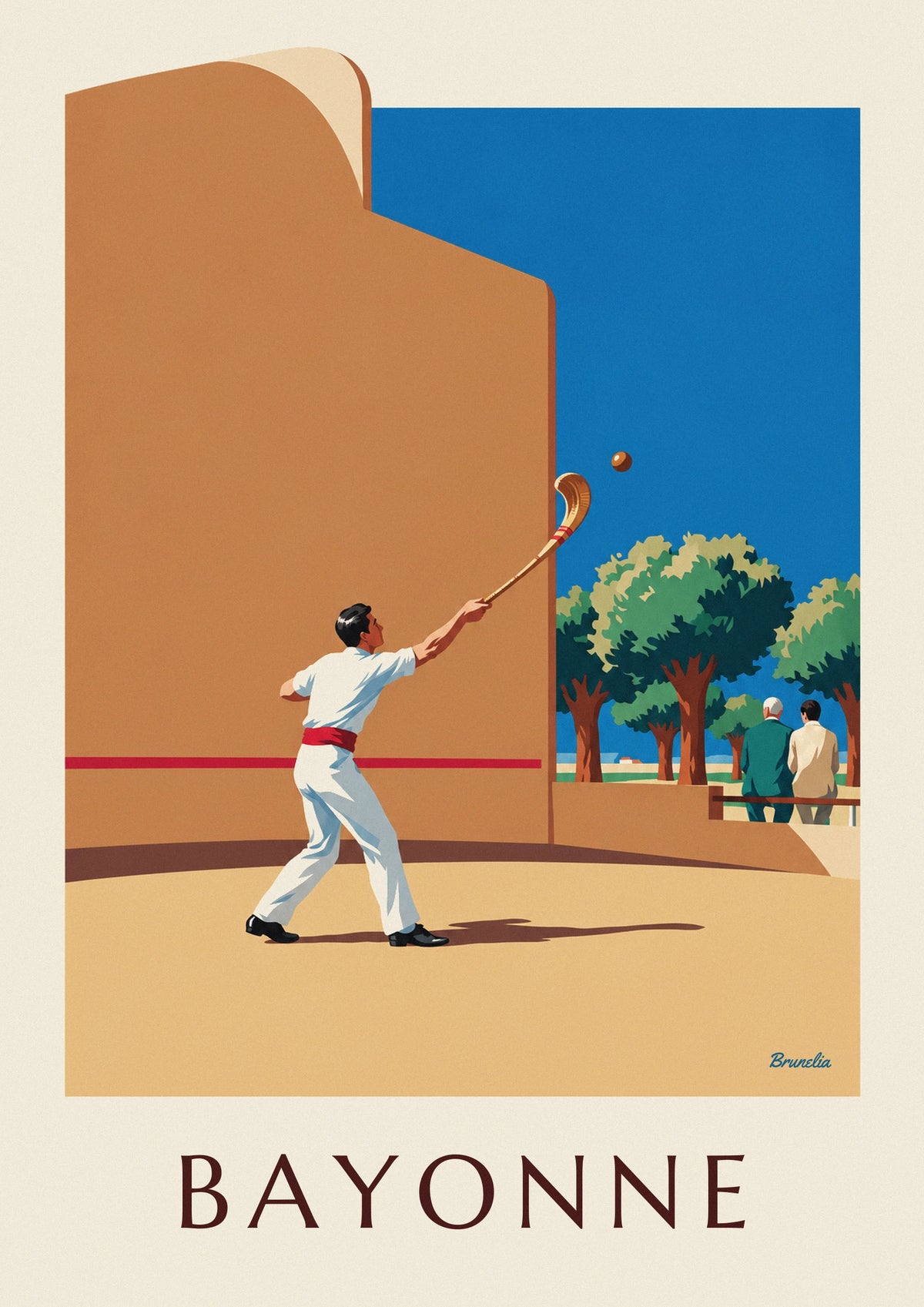 Basque pelota player with chistera at the Bayonne fronton poster