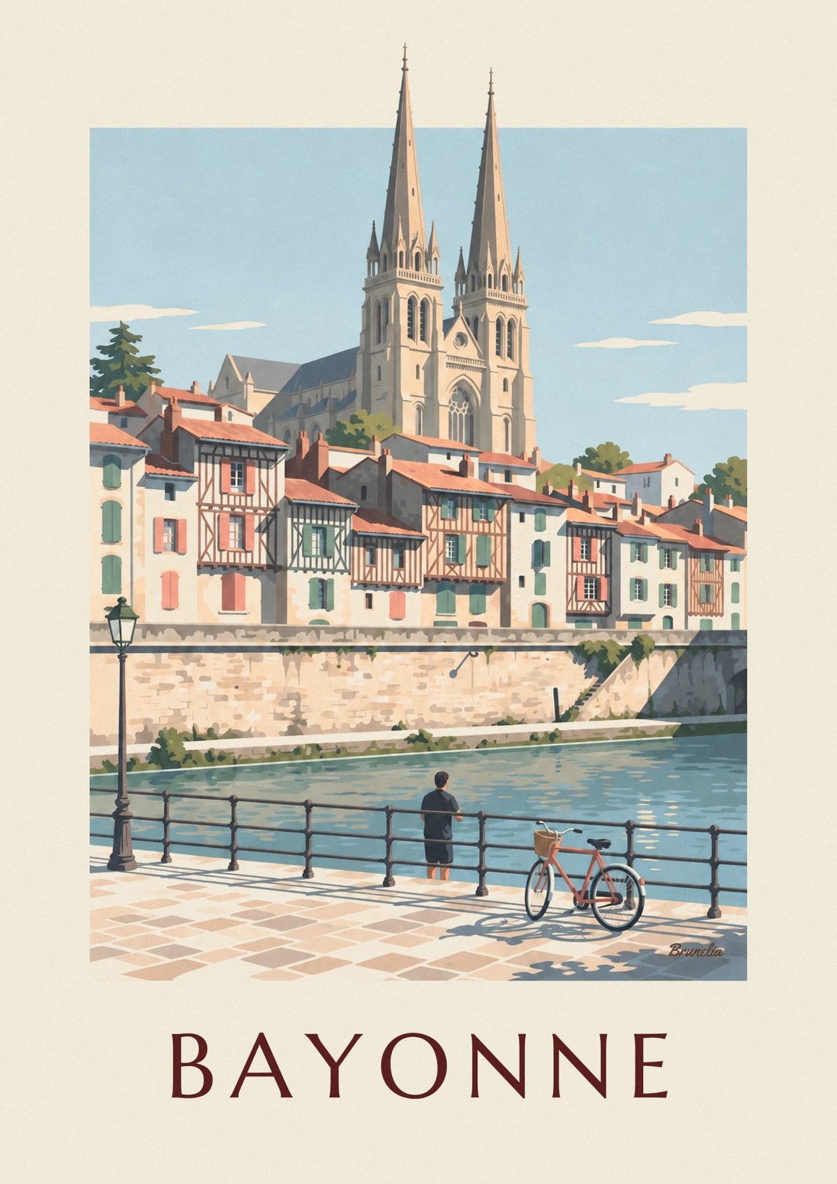 Affiche cathédrale de Bayonne et vélo au bord de la Nive