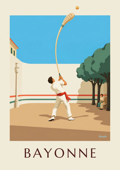 Affiche pelote basque à chistera devant le fronton de Bayonne : l'affiche entière