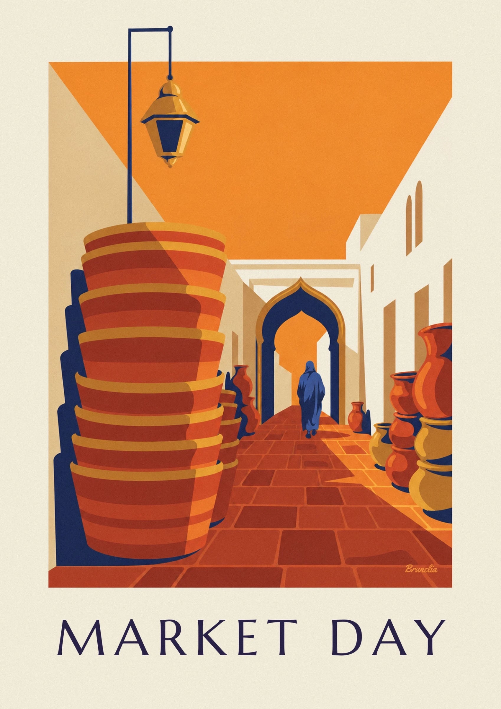 A stack of red baskets with golden rims in the alley