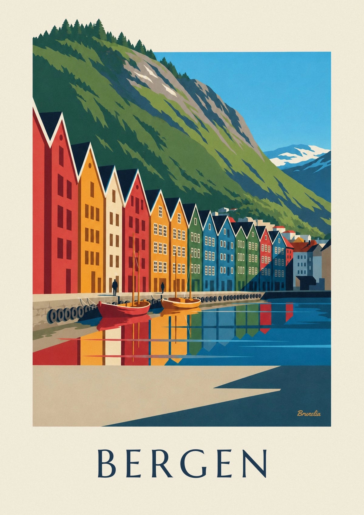 Poster Kai von Bryggen, bunte Häuser und Hafen von Bergen
