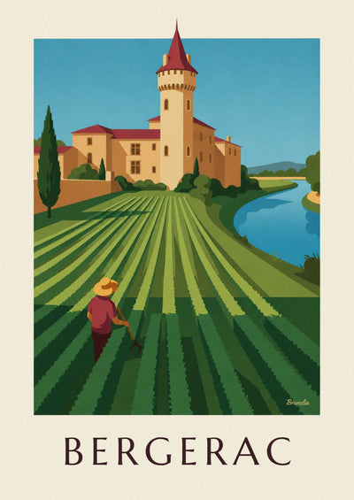 Poster of a round-towered castle and the vineyards of Bergerac: the full poster