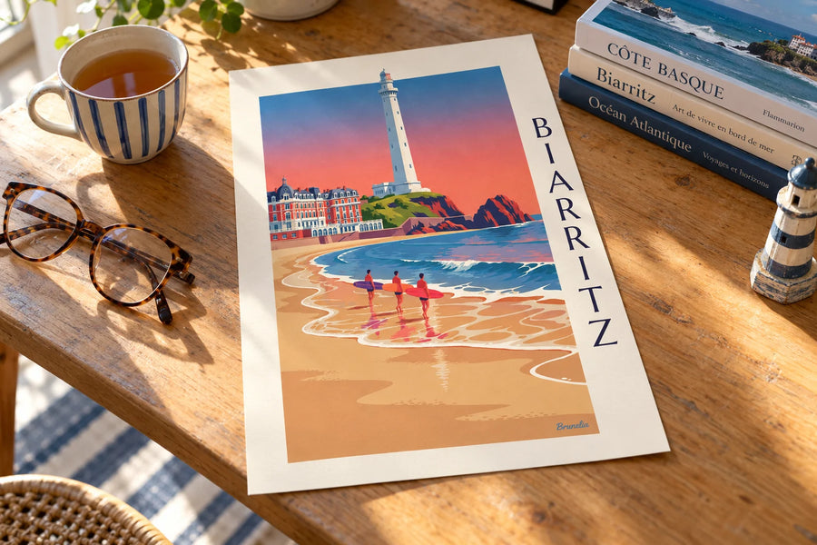 Affiche surfeurs et longboards devant l'Hôtel du Palais à Biarritz : posée sur une table