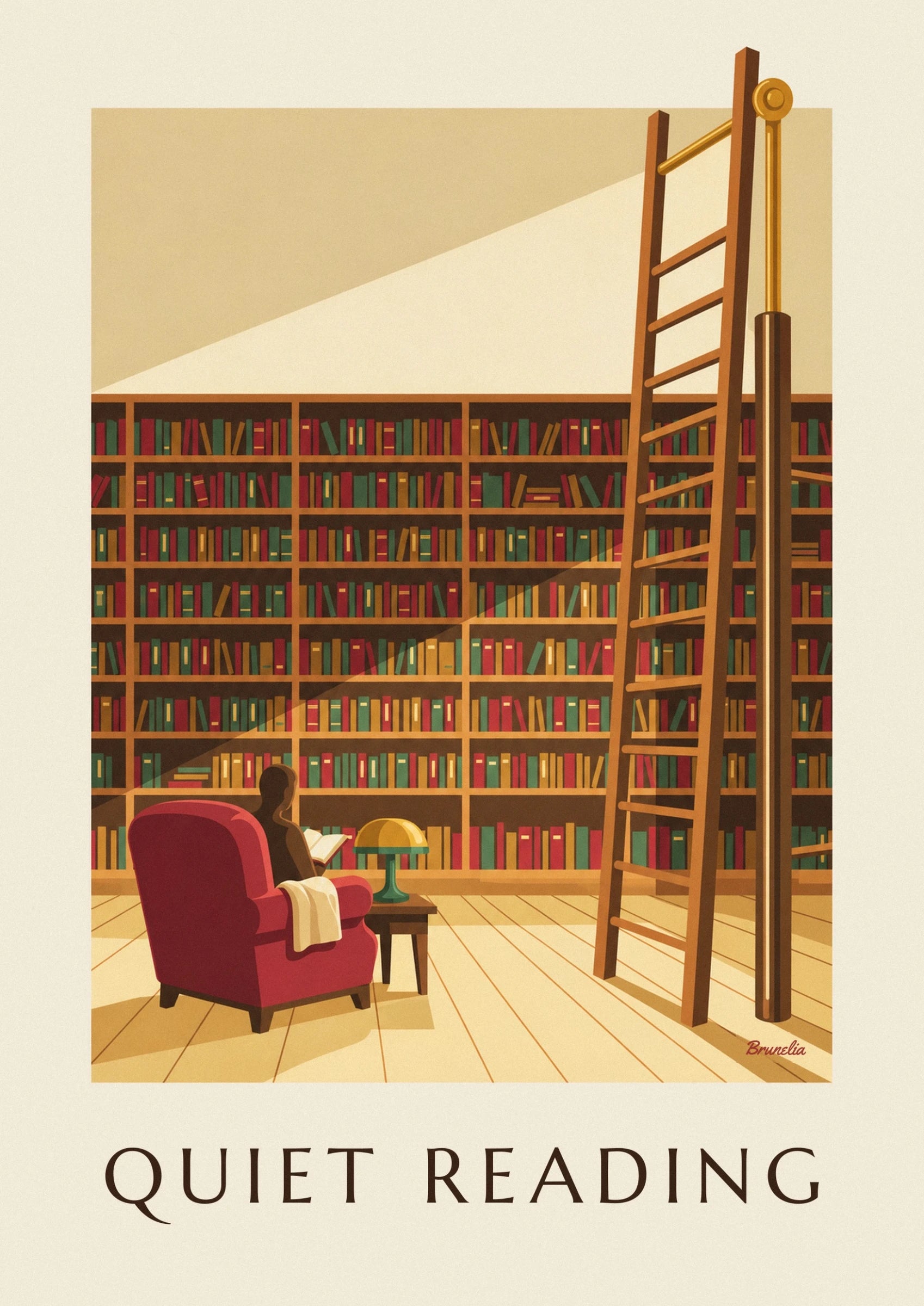 Der Leser im roten Sessel mit aufgeschlagenem Buch neben einer goldenen Lampe