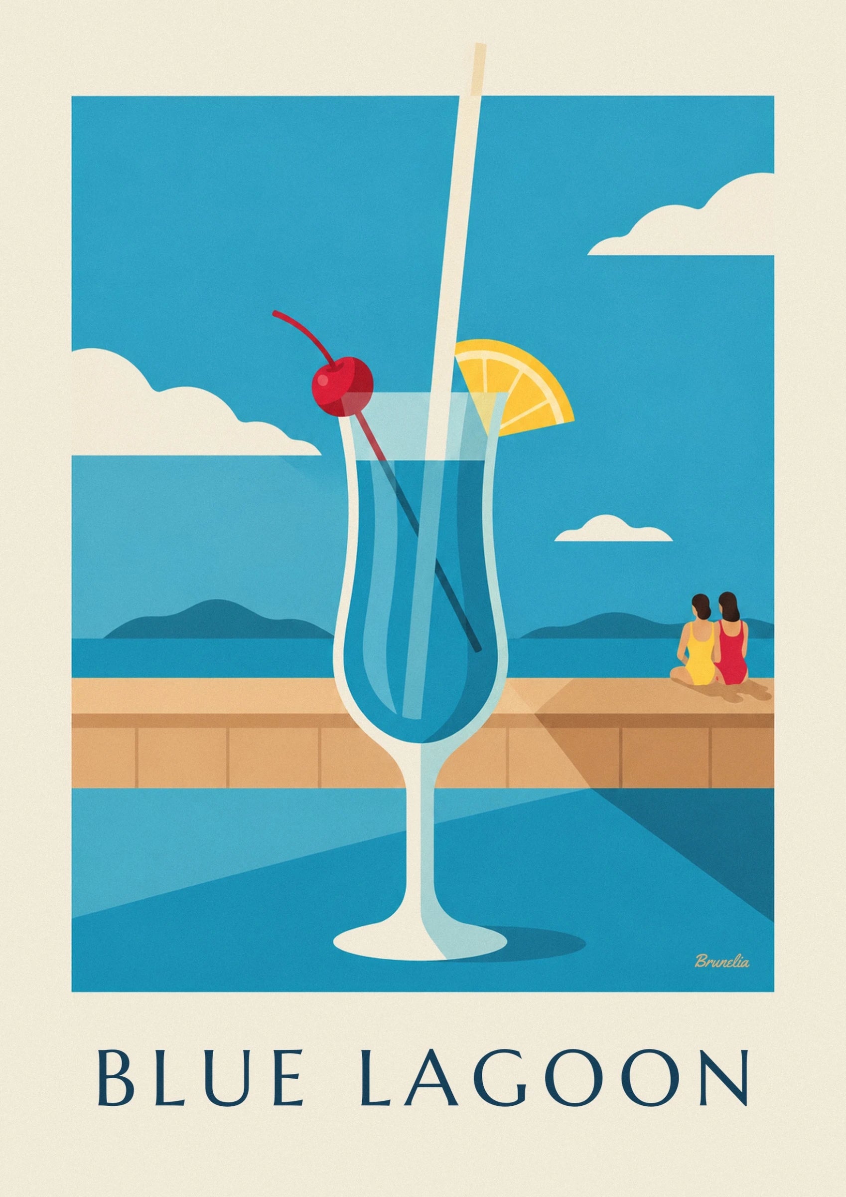 Das hohe blaue Glas mit dem dunklen Strohhalm vor der türkisfarbenen Lagune