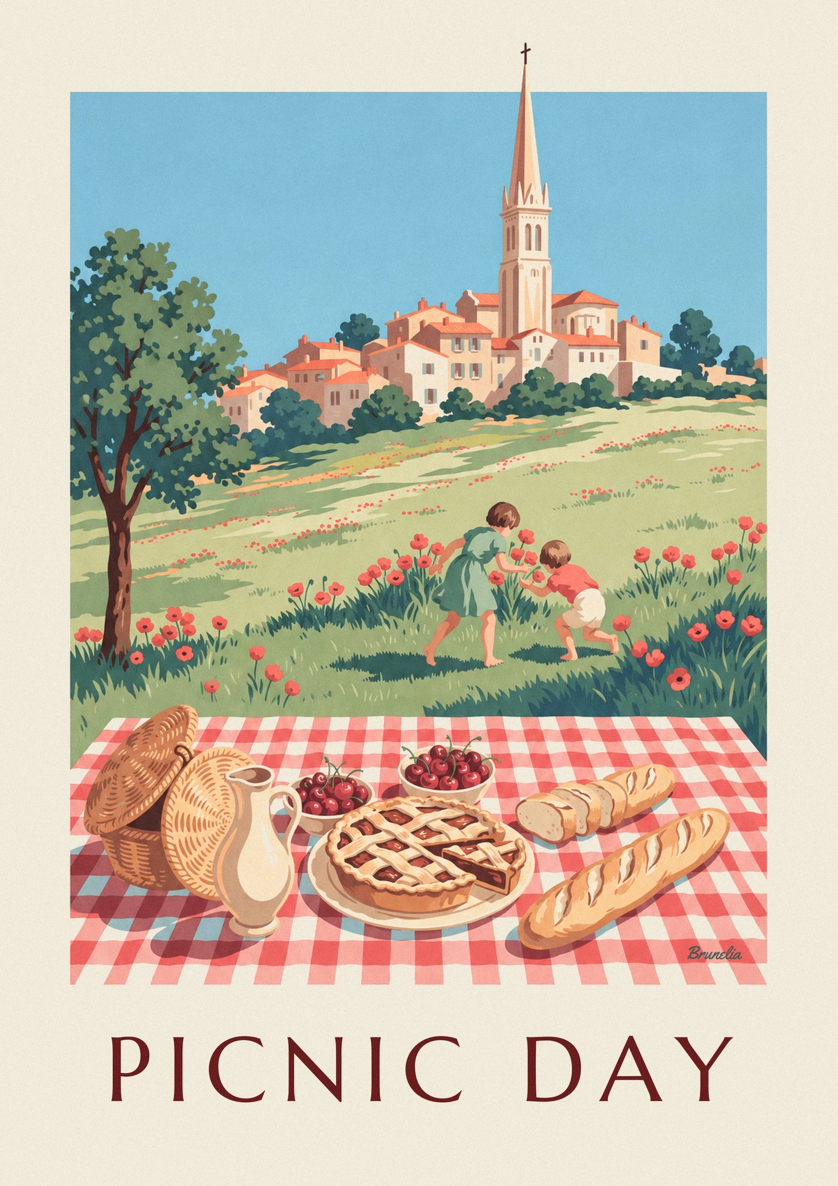 La tarte dorée aux croisillons et les bols de cerises sur la nappe à carreaux