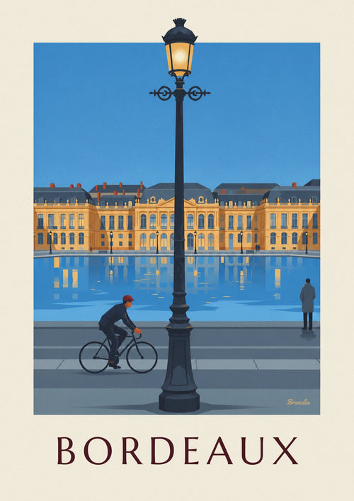 Poster Radfahrer vor dem Miroir d'eau in Bordeaux in der Dämmerung: das ganze Poster