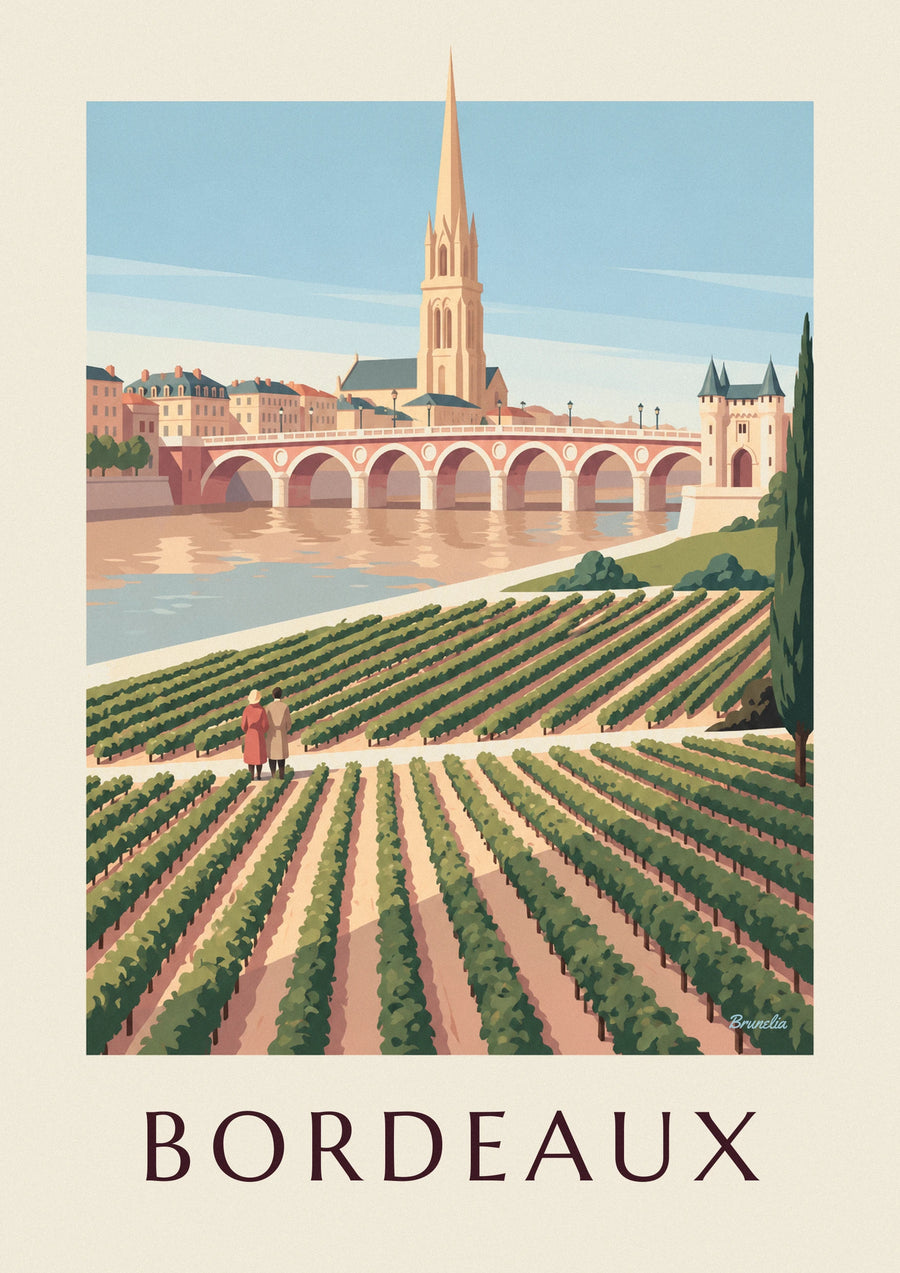 Affiche pont de pierre et porte Cailhau à Bordeaux vus des vignes