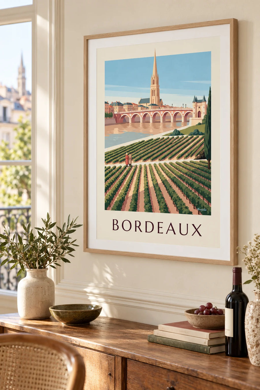Affiche pont de pierre et porte Cailhau à Bordeaux vus des vignes : encadrée au mur