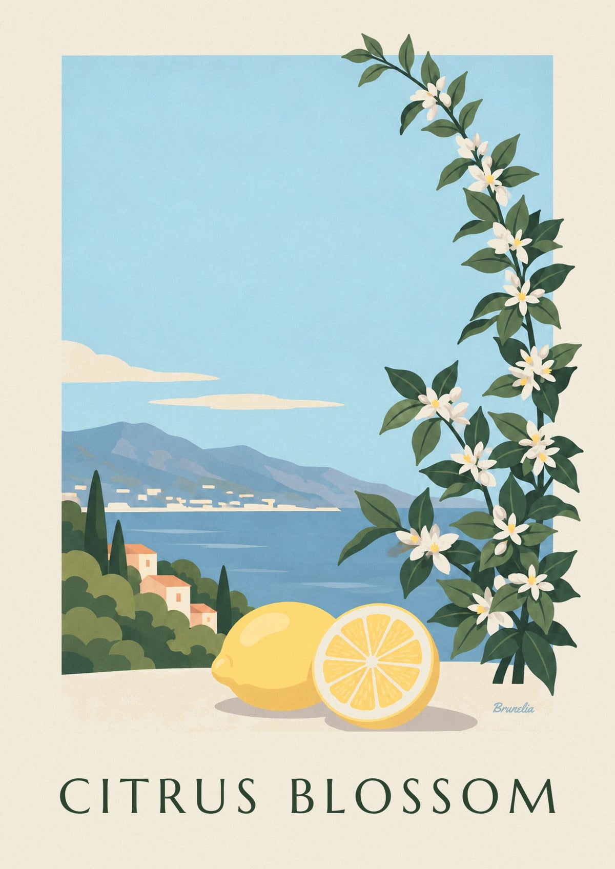 Poster Zitrone, halbe Zitrone und weiße Zitronenblüten