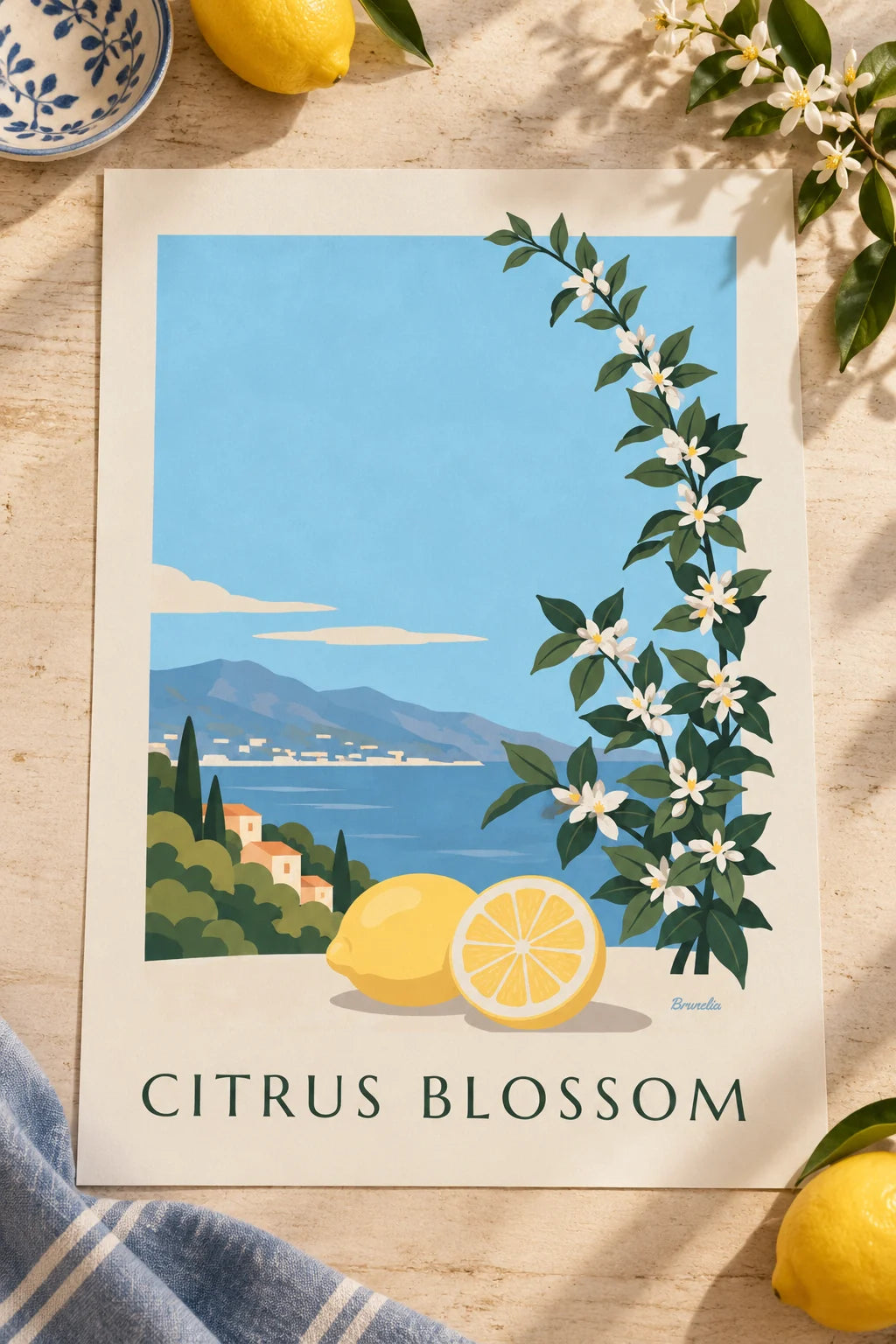 Schlafzimmer: Poster Zitrone, halbe Zitrone und weiße Zitronenblüten im Raum