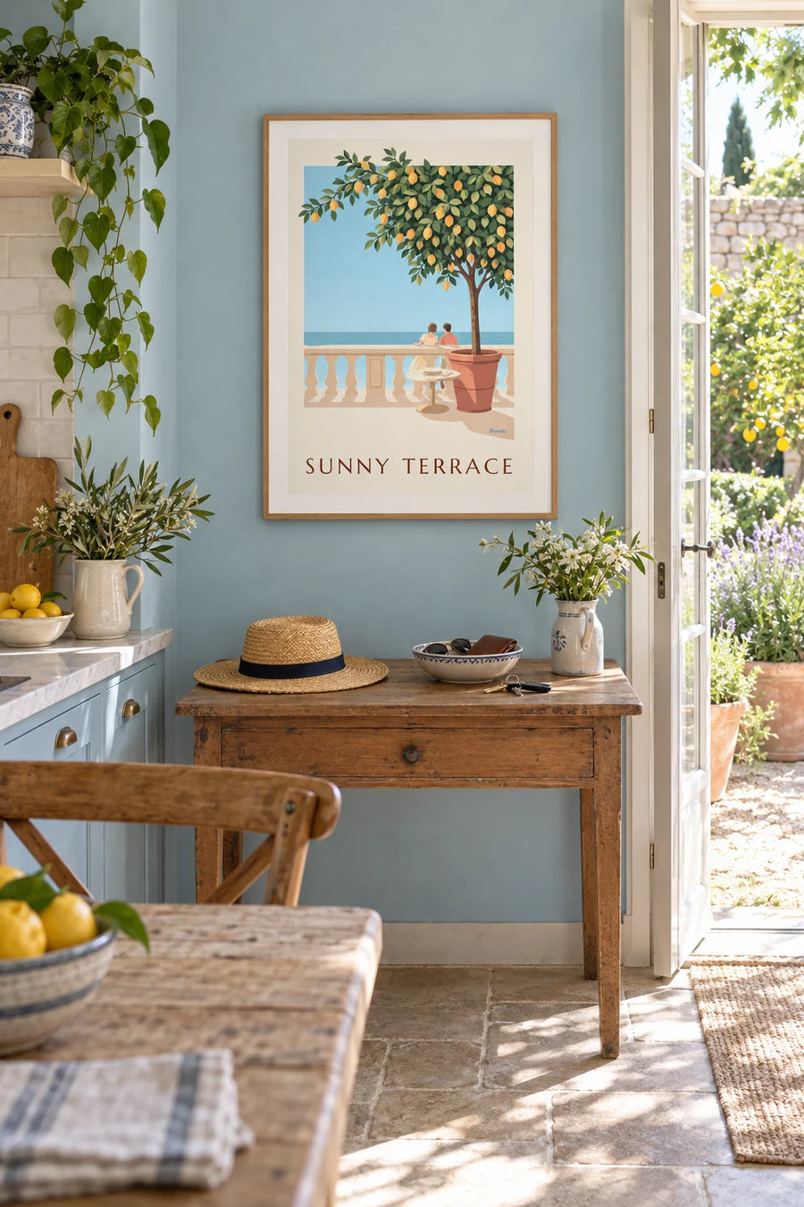 Affiche citronnier en pot sur une terrasse méditerranéenne : encadrée au mur