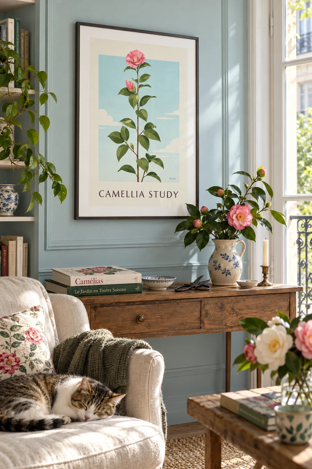 Wohnzimmer: Poster botanische Tafel einer blühenden rosa Kamelie im Raum