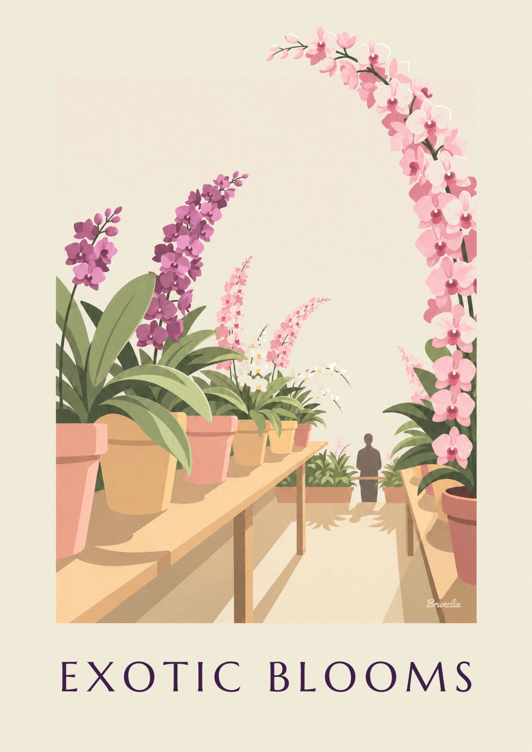 Eine Kaskade aus rosa und weißen Orchideen mit violetten Zentren vor cremefarbenem Hintergrund