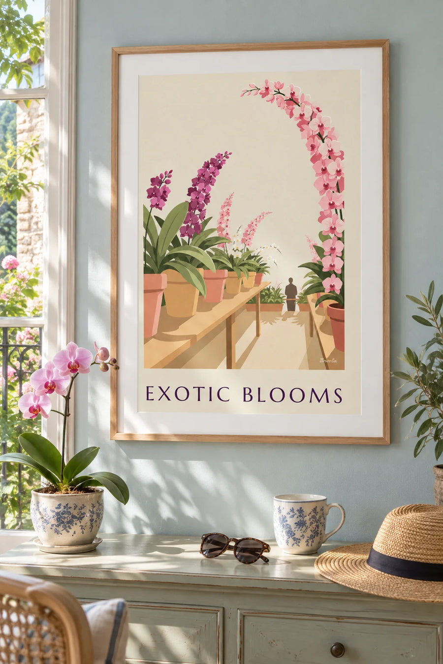 Poster Orchideen und exotische Blumen im Gewächshaus: gerahmt an der Wand