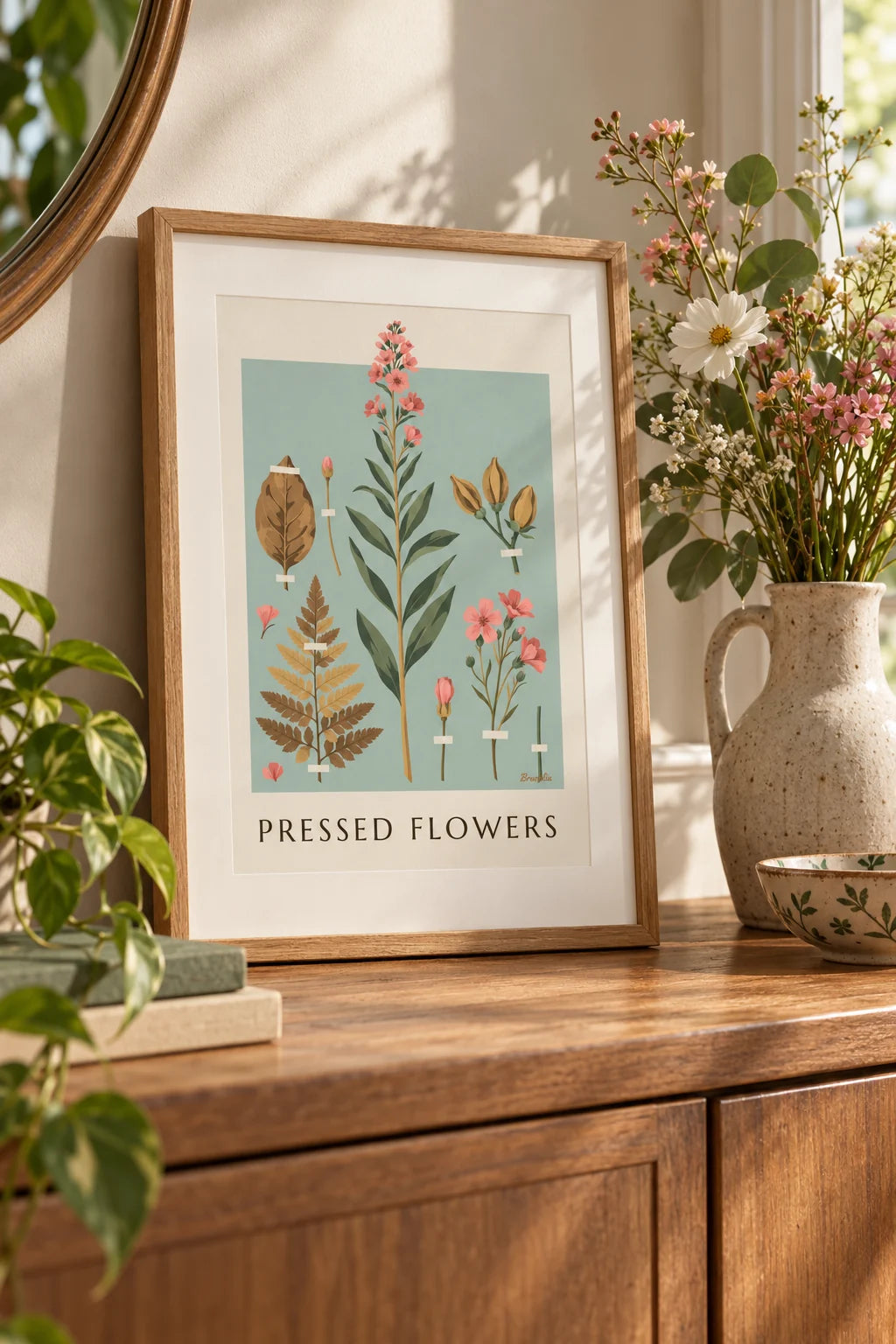 Poster Herbarium mit getrockneten Pflanzen und Blumen auf cremefarbenem Papier: kleines A4-Format im Rahmen
