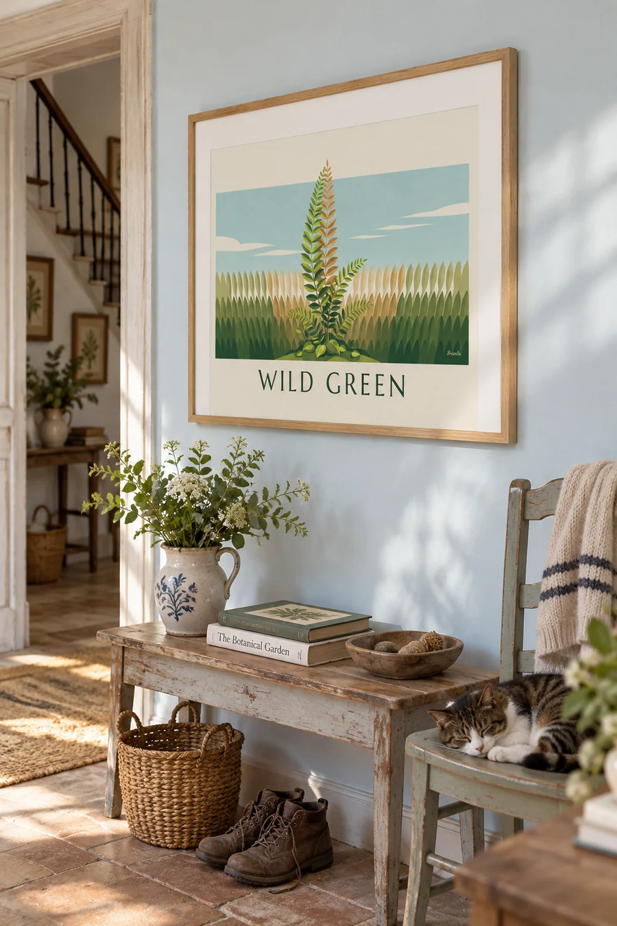 Poster Botanik grüner Farn, naturkundliche Studientafel: gerahmt an der Wand