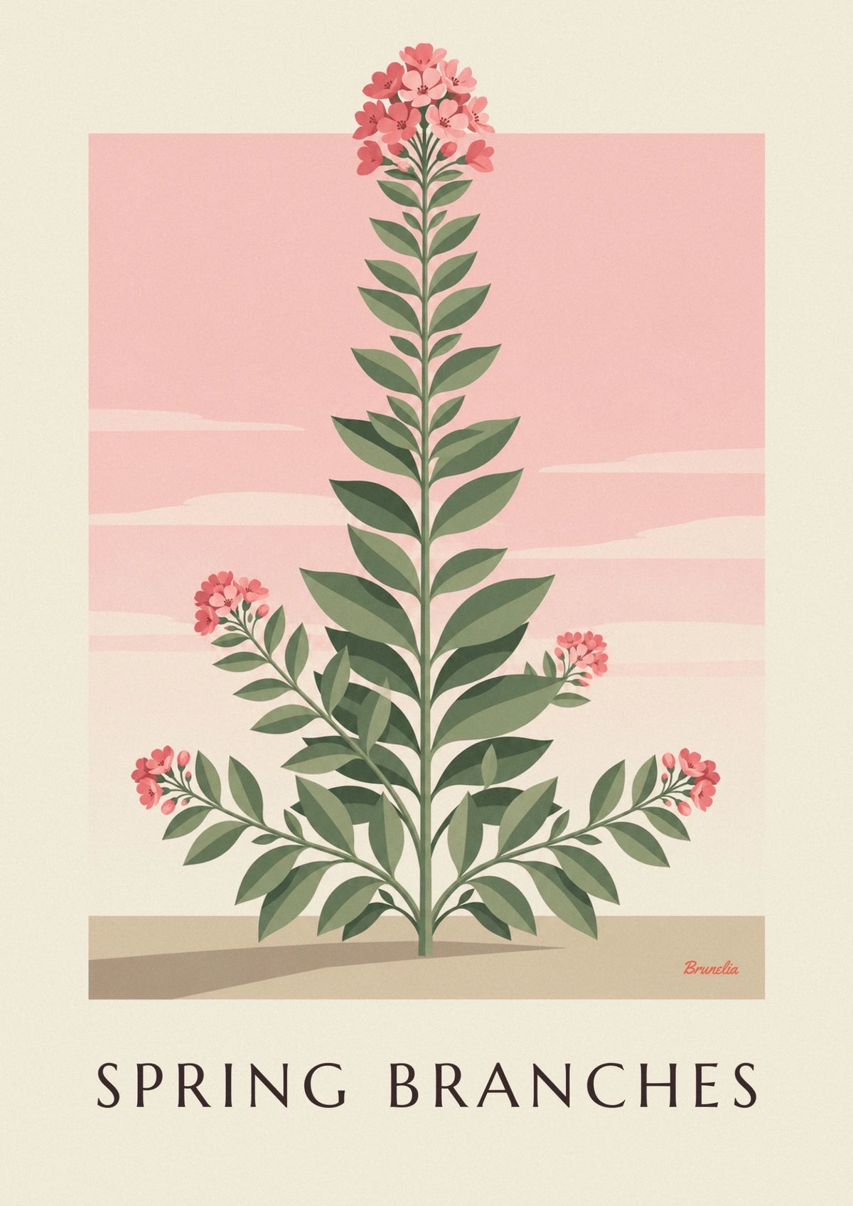 Poster belaubte Zweige und rosa Frühlingsblüten