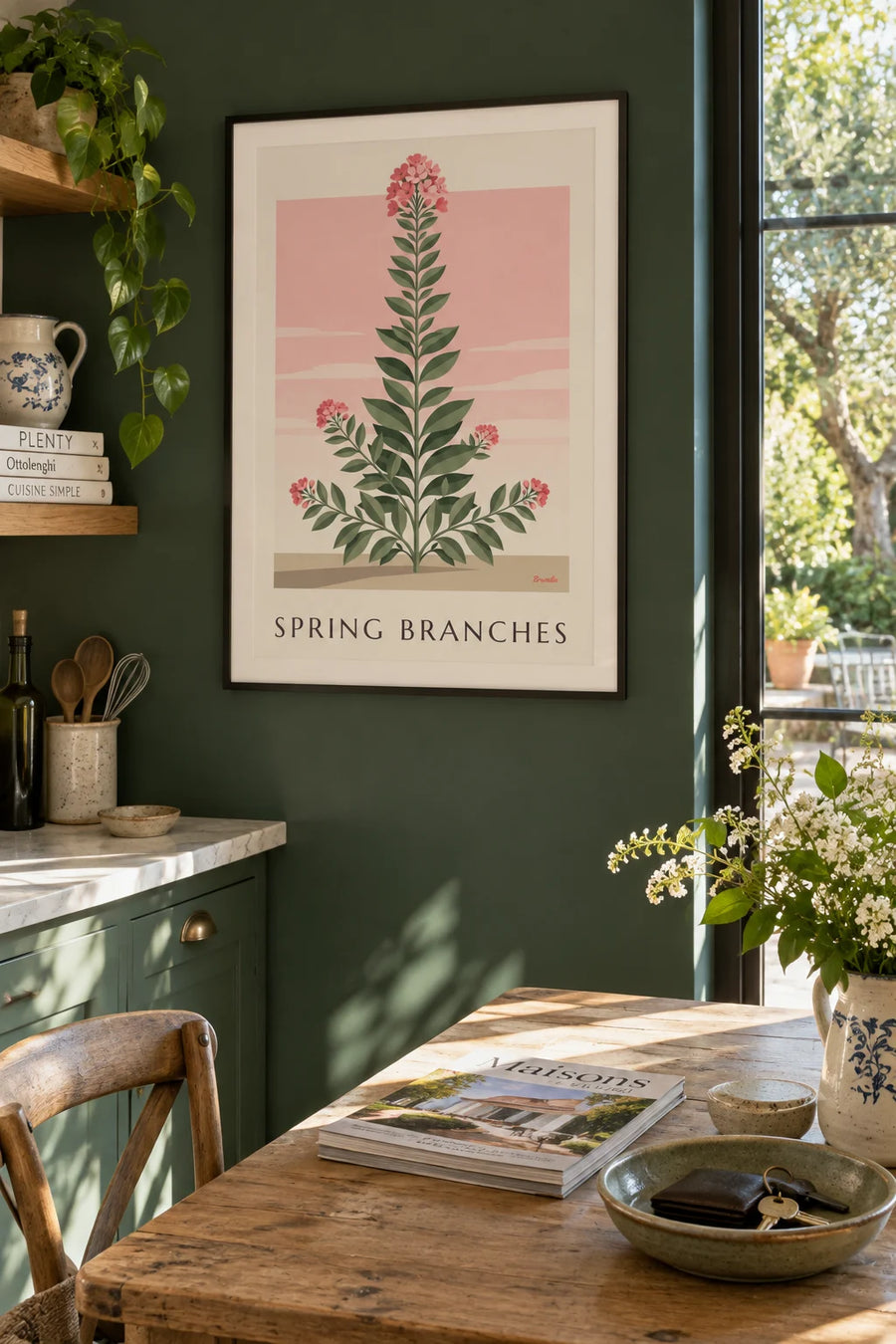 Affiche branches feuillues et fleurs roses de printemps : encadrée au mur