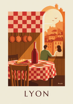 Poster Bouchon Lyonnais, karierte Tischdecke und Weinkrug