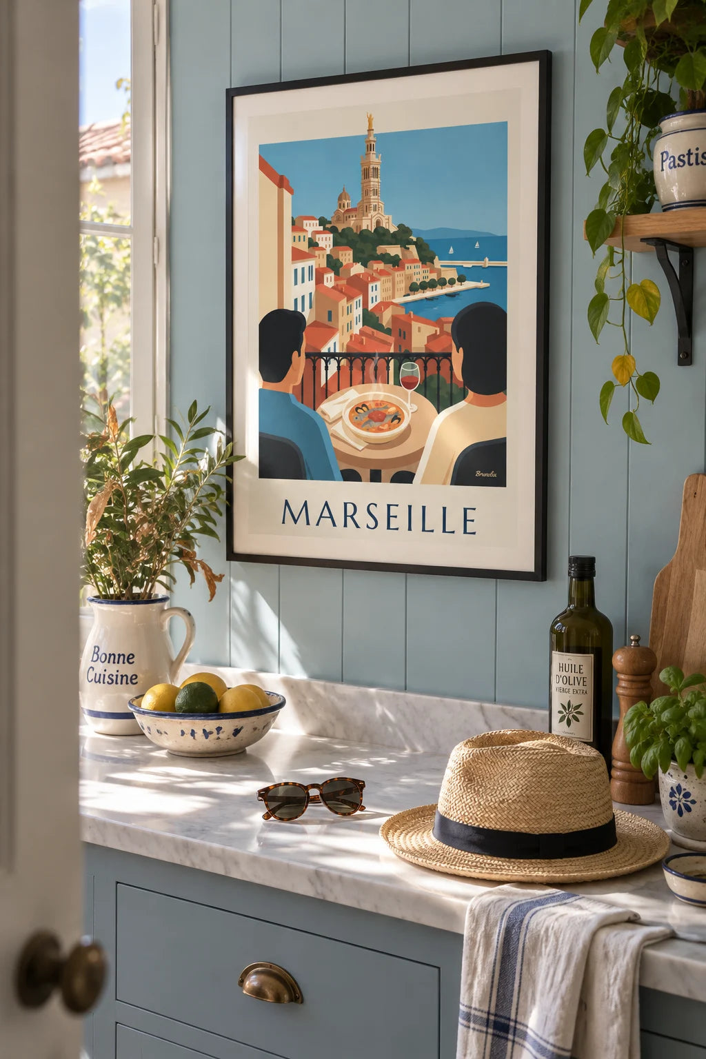 Poster of bouillabaisse on a terrace at the Old Port of Marseille: framed on the wall