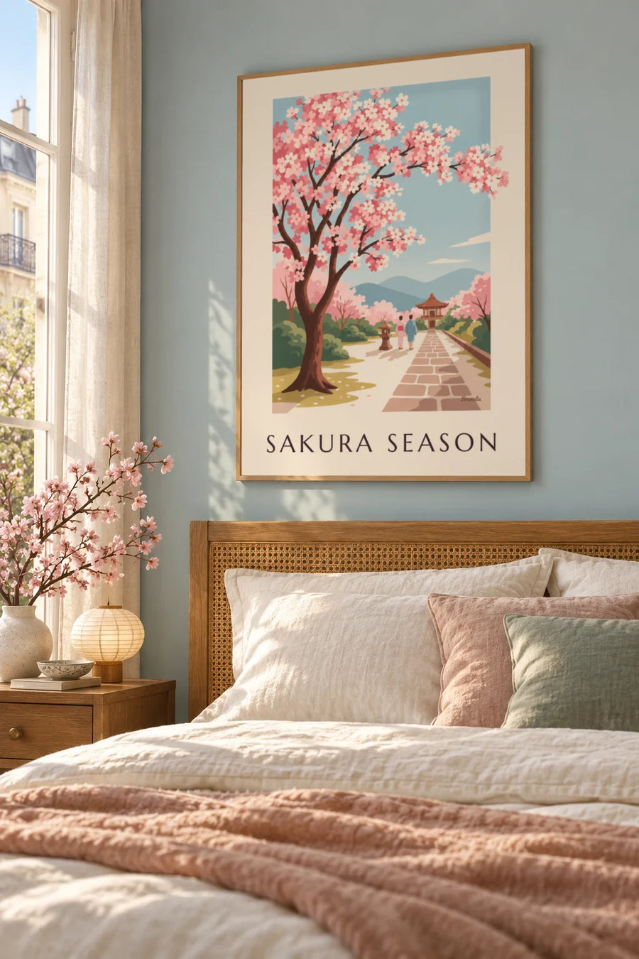 Poster blühender Kirschblütenzweig aus Japan : gerahmt an der Wand