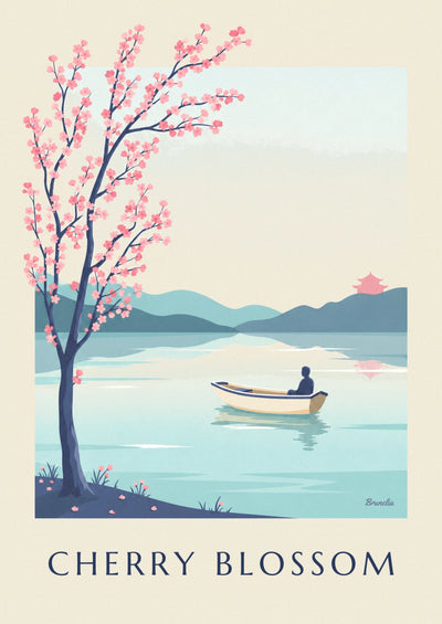 Poster blühender Kirschzweig über einem japanischen See: das ganze Poster