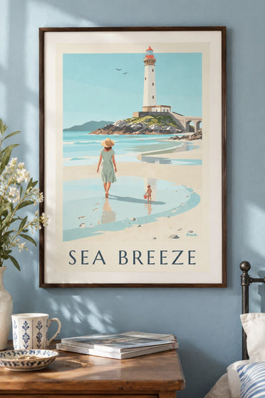 Poster Mutter und Kind am Strand von Petit Minou am Fuß des Leuchtturms: gerahmt an der Wand