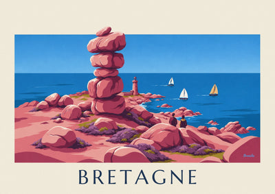 Poster of the pink granite coast, lighthouse and sailboats in Brittany: the full poster
