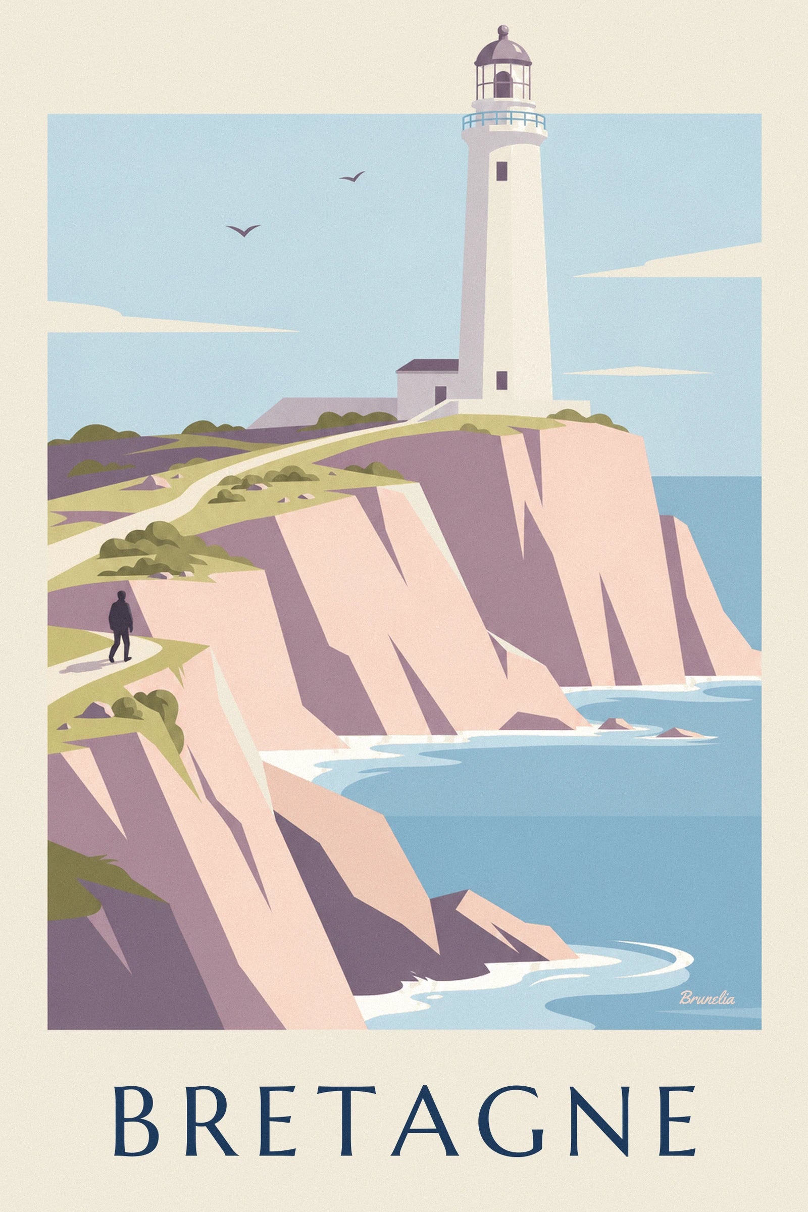Le phare blanc à lanterne grise, face à la mer bleu pâle et à une mouette