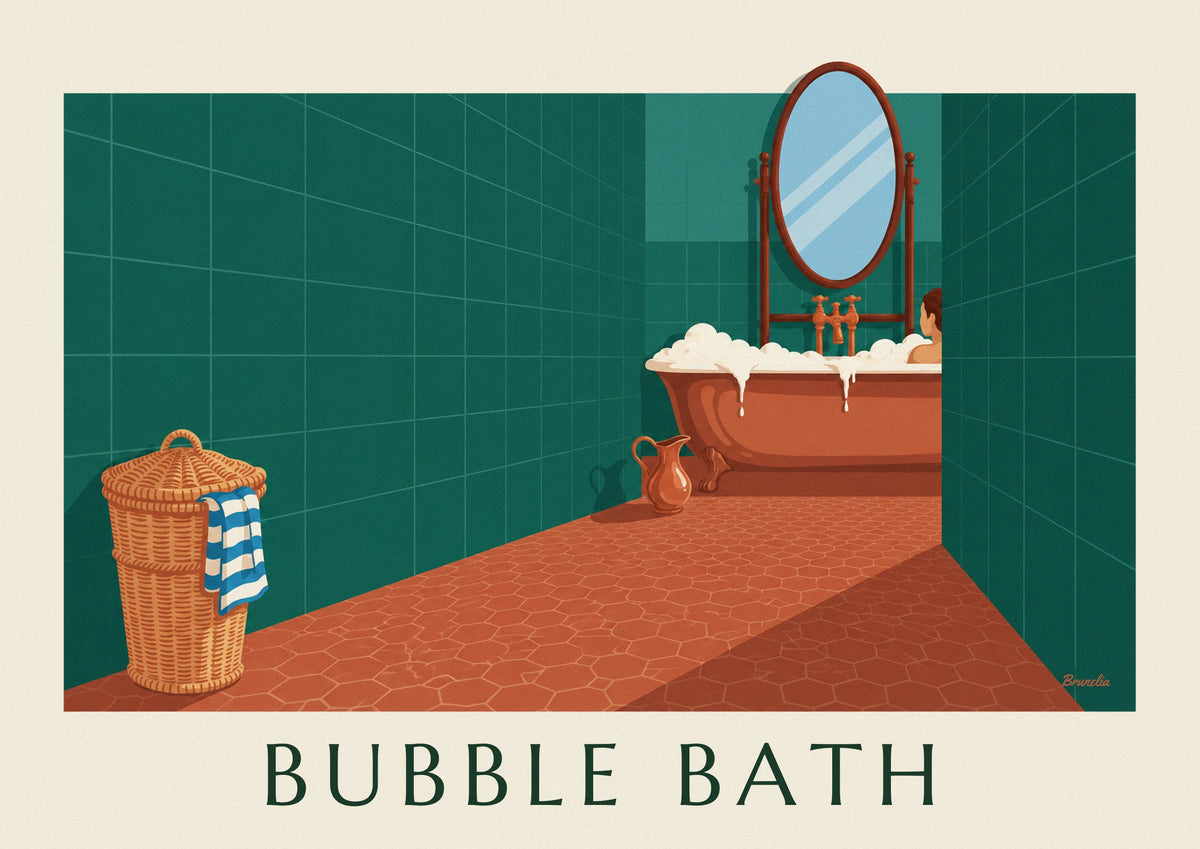 Poster grünes Badezimmer, Kupferbadewanne und Weidenkorb