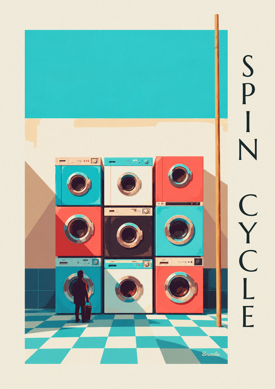 Poster mit 9 bunten Waschmaschinen im Raster