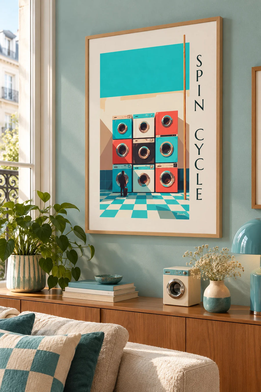 Affiche grille de 9 machines à laver colorées : encadrée au mur