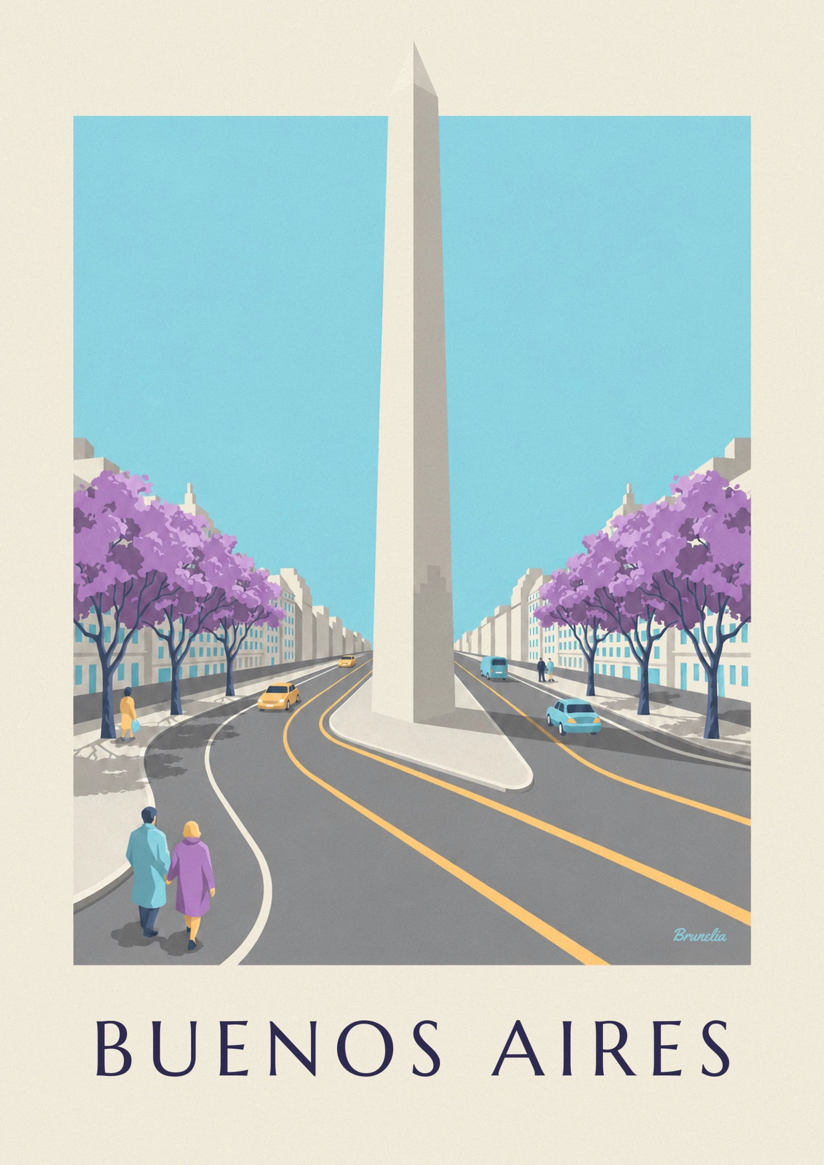 Der Obelisk auf seiner Verkehrsinsel zwischen gelben Taxis und einem blühenden Jacaranda