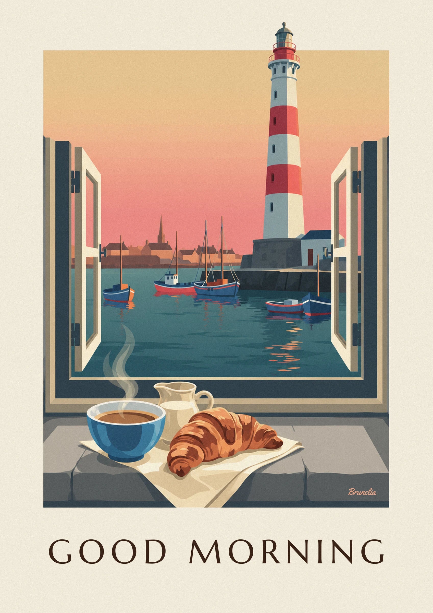 Die blaue Schale mit dampfendem Kaffee, das Milchkännchen und das goldene Croissant auf dem Fensterbrett mit Blick auf den Hafen