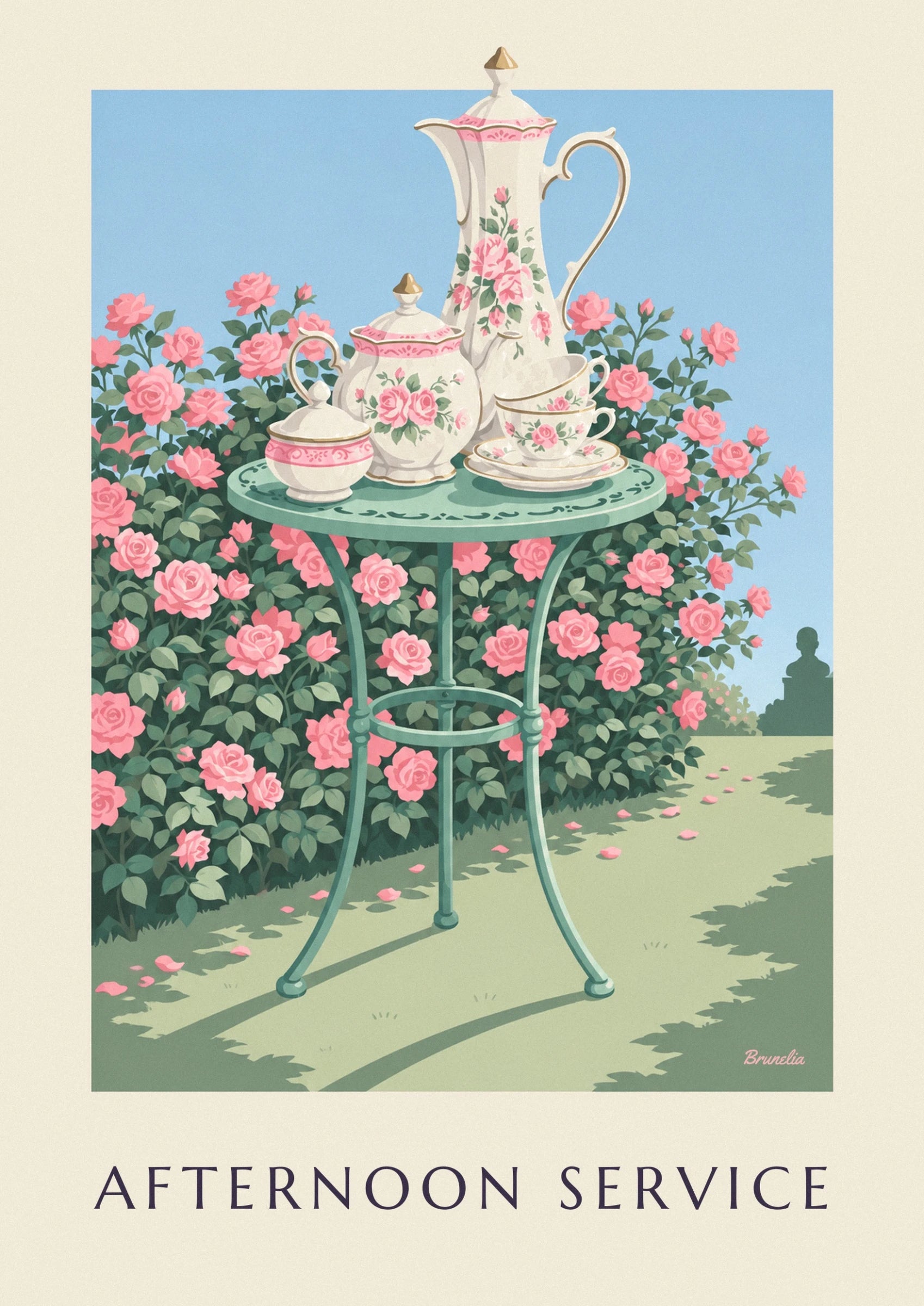 Die Porzellan-Teekanne und die Zuckerdose mit rosa Rosen auf dem grünen Gartentisch