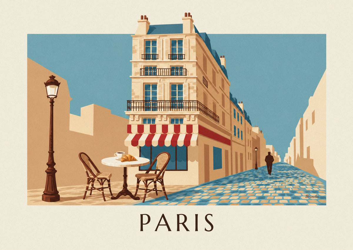 Affiche café et croissant sur une terrasse parisienne