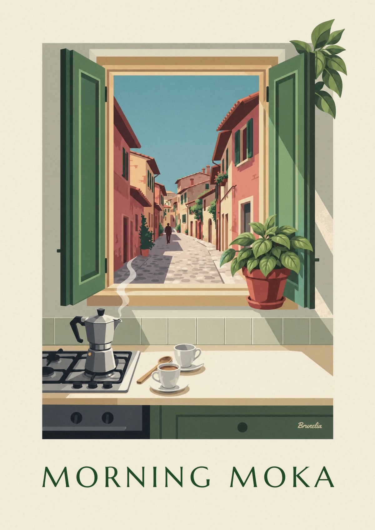 Affiche cafetière moka italienne dans une cuisine au matin