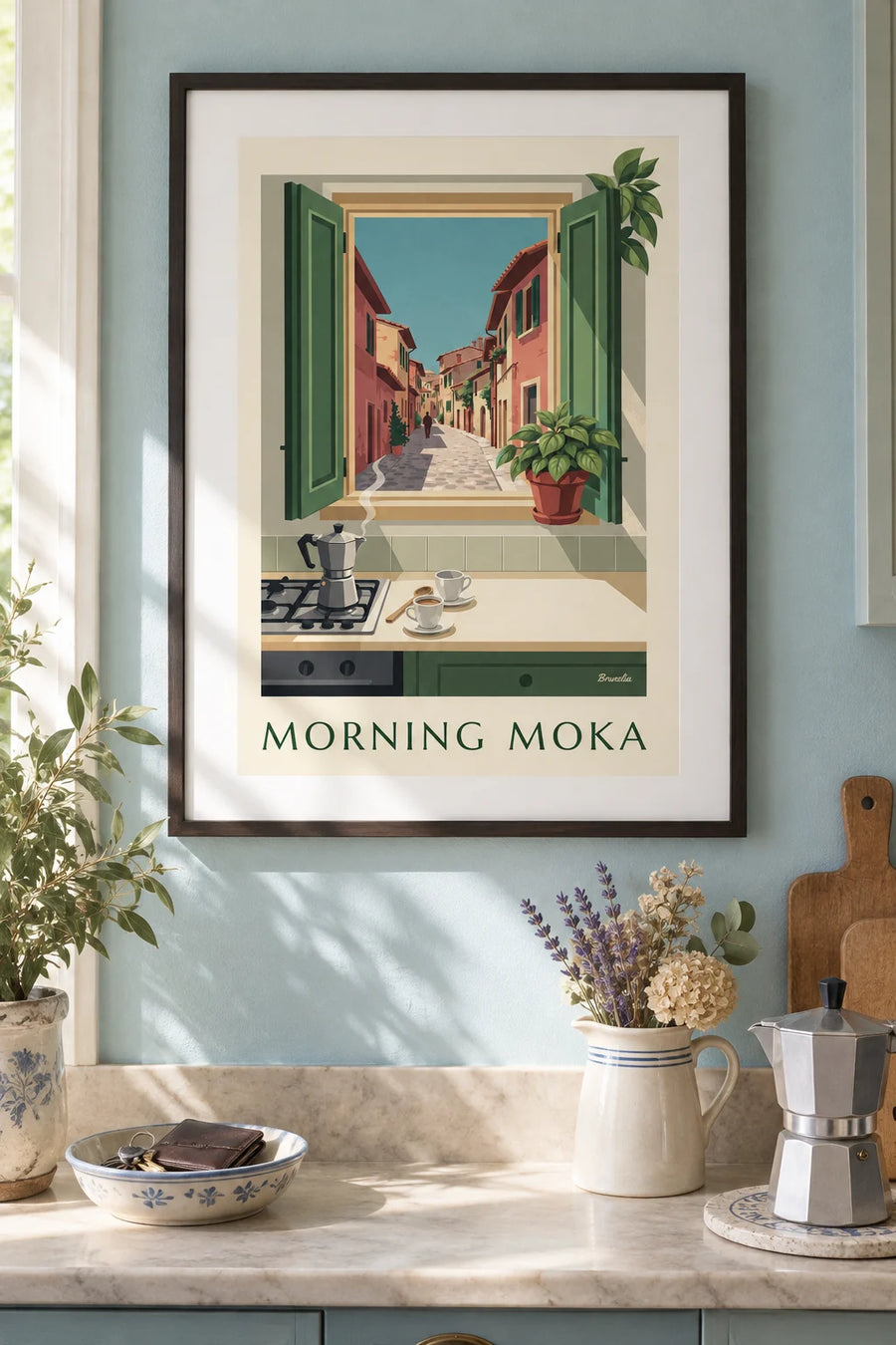 Poster Espressokocher (Moka) in einer Küche am Morgen: gerahmt an der Wand