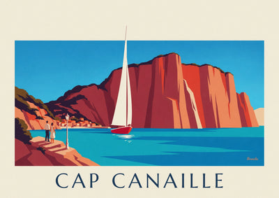 Poster mit Segelboot am Fuß der roten Klippen des Cap Canaille: das ganze Poster