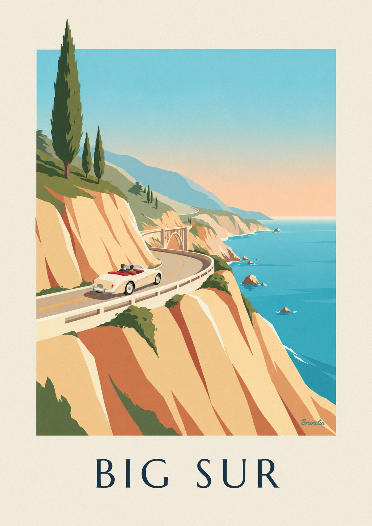 Poster Cabrio auf der Straße von Big Sur in Kalifornien