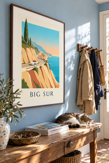 Affiche cabriolet sur la route de Big Sur en Californie : encadrée au mur