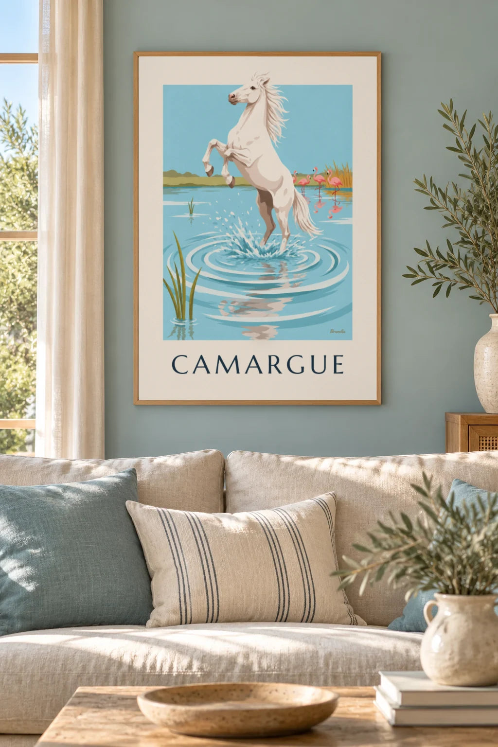 Mise en situation de Affiche cheval blanc galopant dans l'eau en Camargue