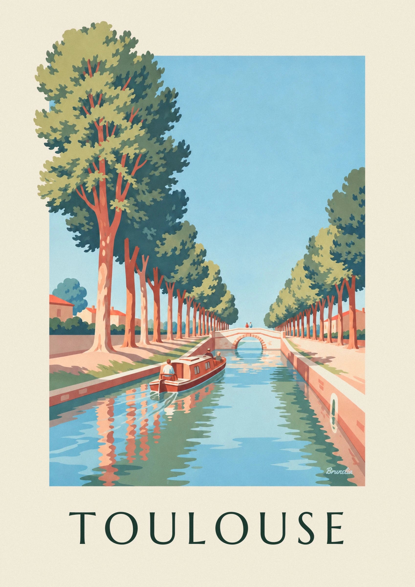 Das rote Boot und seine Passagiere auf dem Canal du Midi in der Nähe der Brücke