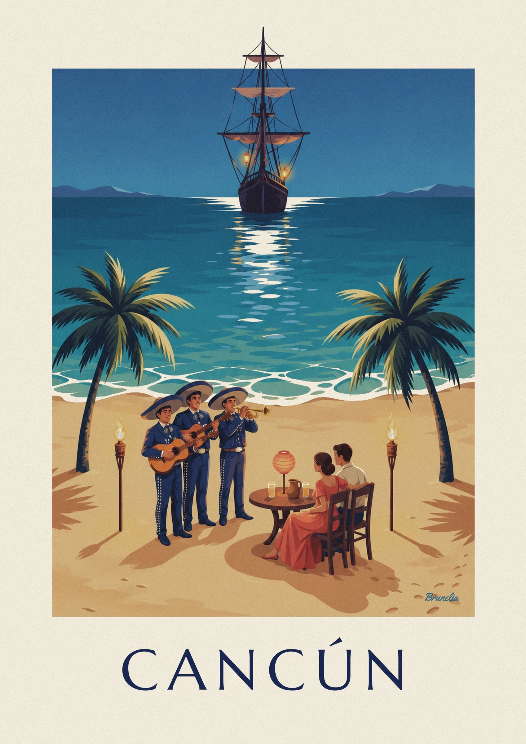 Die 3 Mariachis in blauen Anzügen und Sombreros mit 2 Gitarren und einer Trompete am Strand