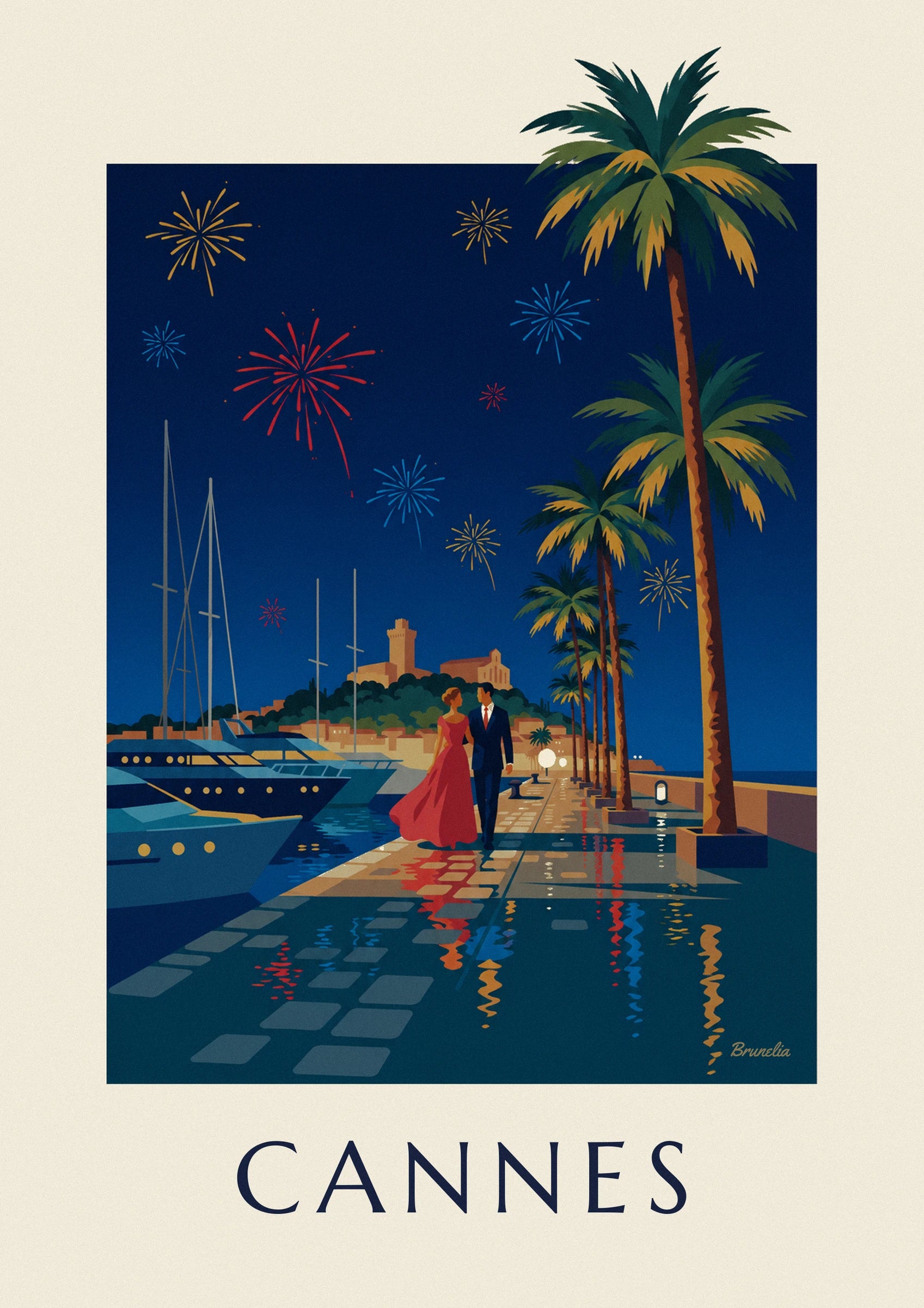 Affiche couple sous les palmiers de Cannes un soir de feu d'artifice : détail en gros plan