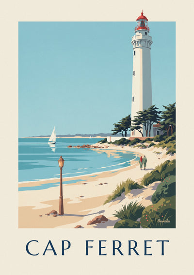 Poster Leuchtturm von Cap Ferret, Pinien und Spaziergänger am Strand: das ganze Poster