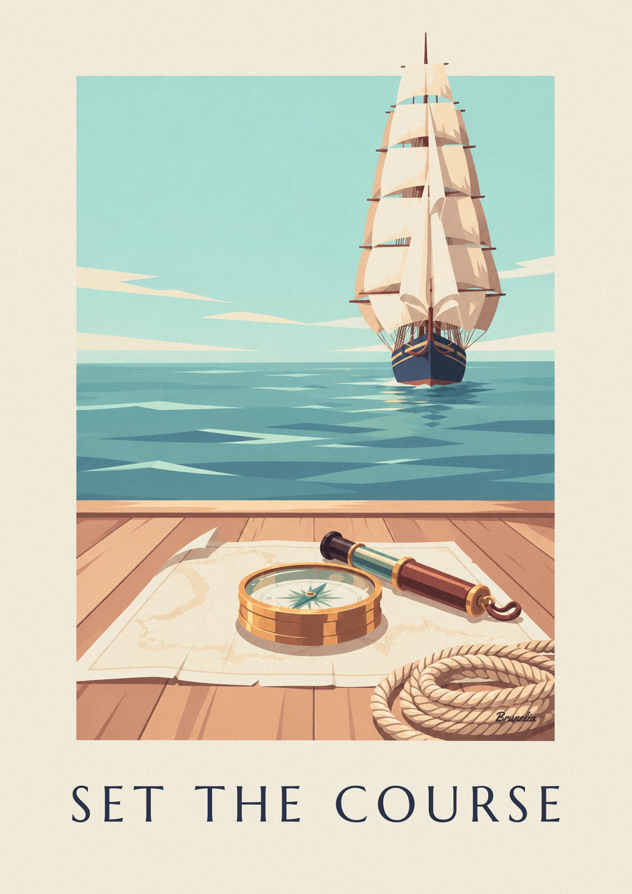 Brass nautical compass on a sea chart poster